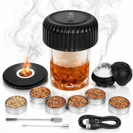 Digital Electric Cocktail Smoker Kit – Rechargeable Smoke Infuser with 6 Wood Chip Flavors & Ice Ball Mold
