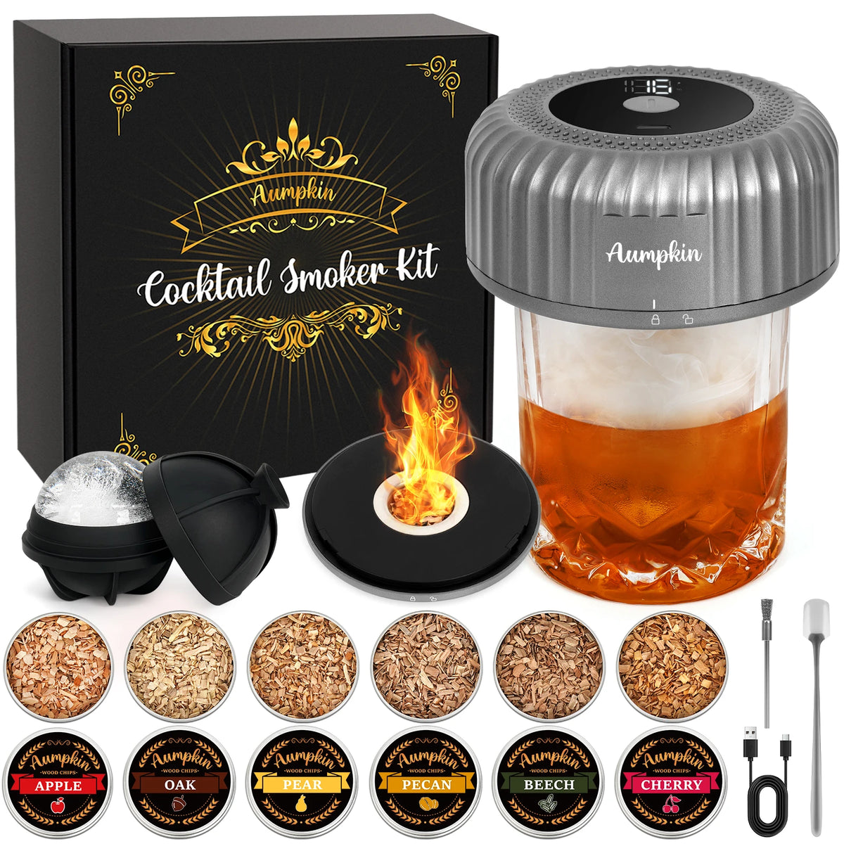 Digital Electric Cocktail Smoker Kit – Rechargeable Smoke Infuser with 6 Wood Chip Flavors & Ice Ball Mold