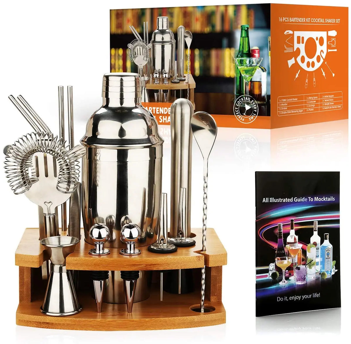 16-Piece Stainless Steel Cocktail Shaker Set with Bamboo Stand
