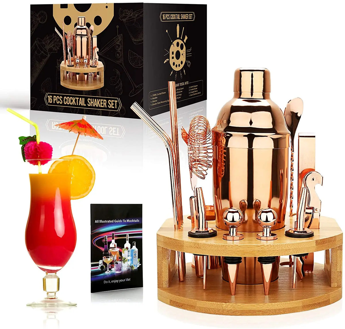 16-Piece Stainless Steel Cocktail Shaker Set with Bamboo Stand