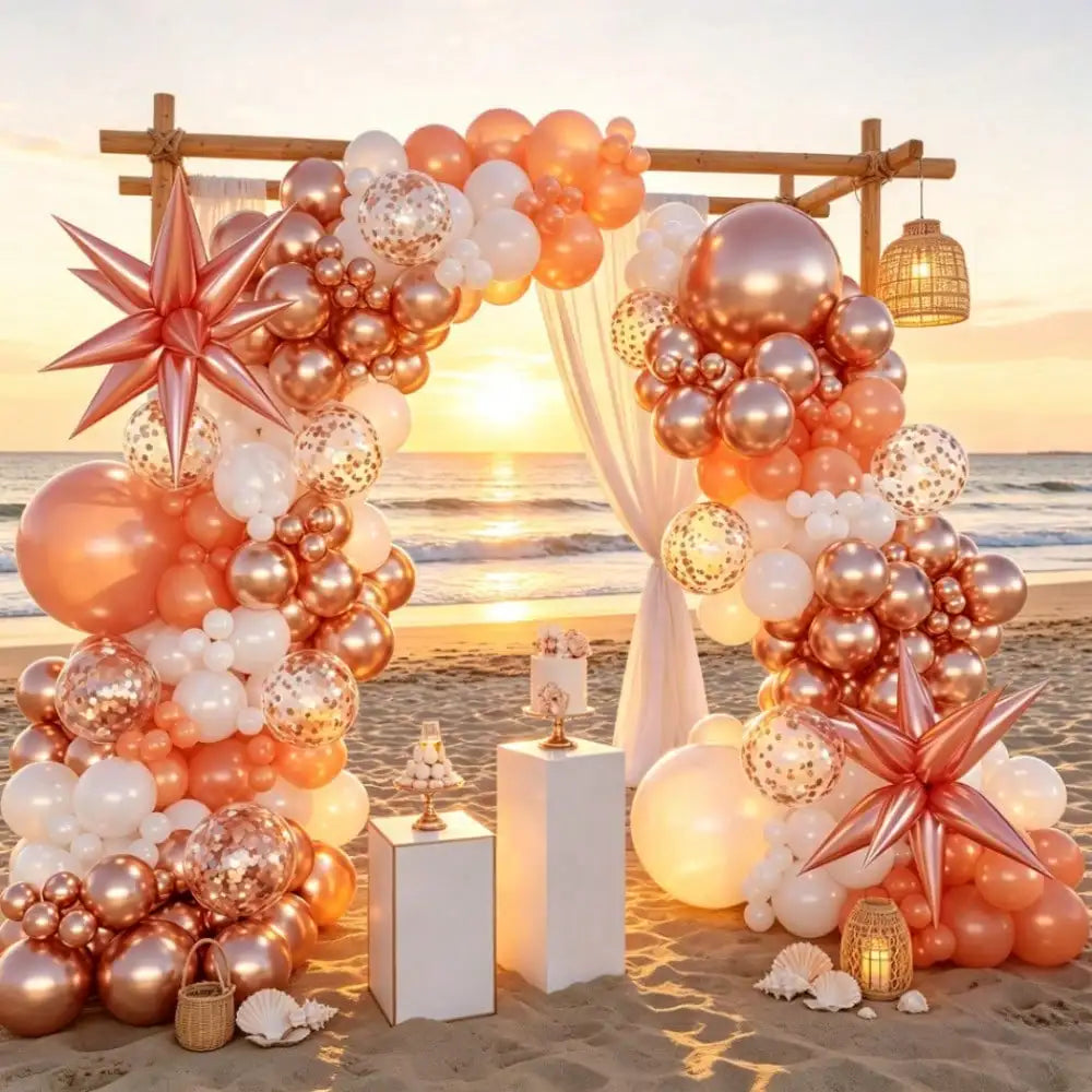 99-Piece Rose Gold, Orange & White Balloon Garland Arch Kit with Star Balloon & Pump