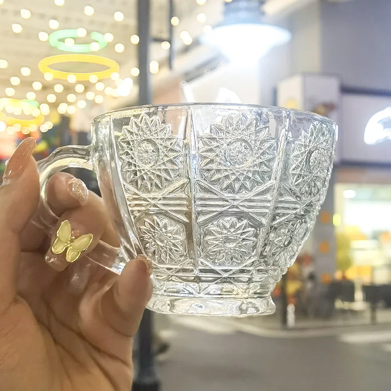 Retro Embossed Glass Coffee Cup & Saucer Set - 200ml