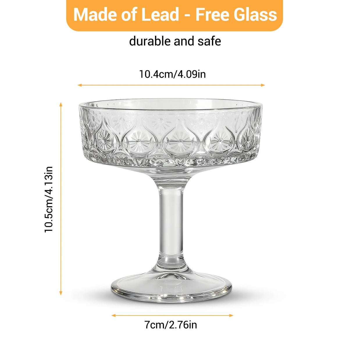 12-Piece Embossed Crystal Coupe Glass Set – 5.4 oz Vintage Cocktail & Dessert Glasses