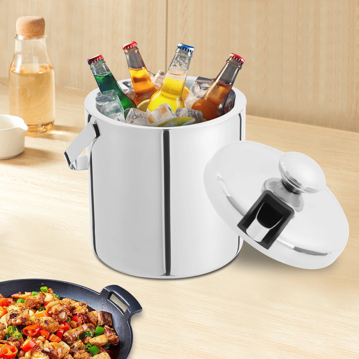 1.3L Double-Wall Stainless Steel Ice Bucket Set with Tongs, Strainer & Lid