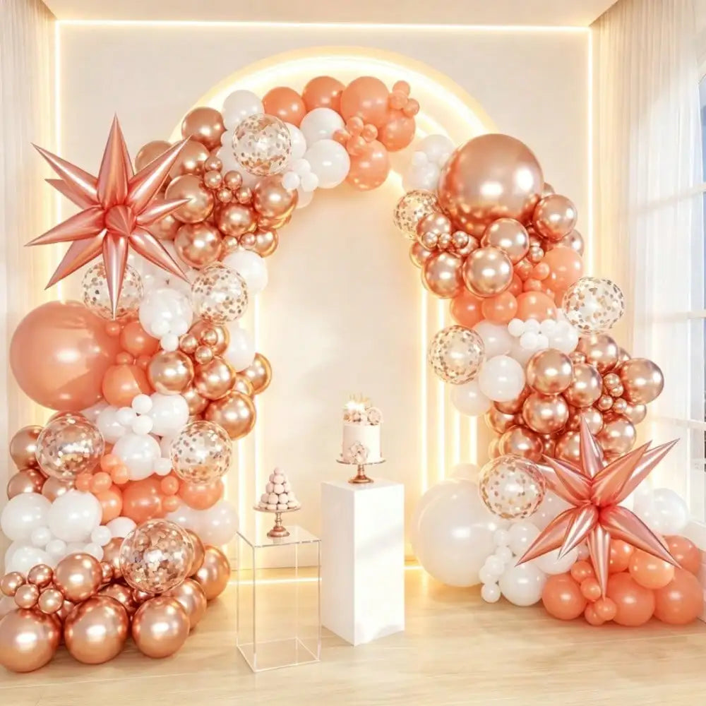 99-Piece Rose Gold, Orange & White Balloon Garland Arch Kit with Star Balloon & Pump