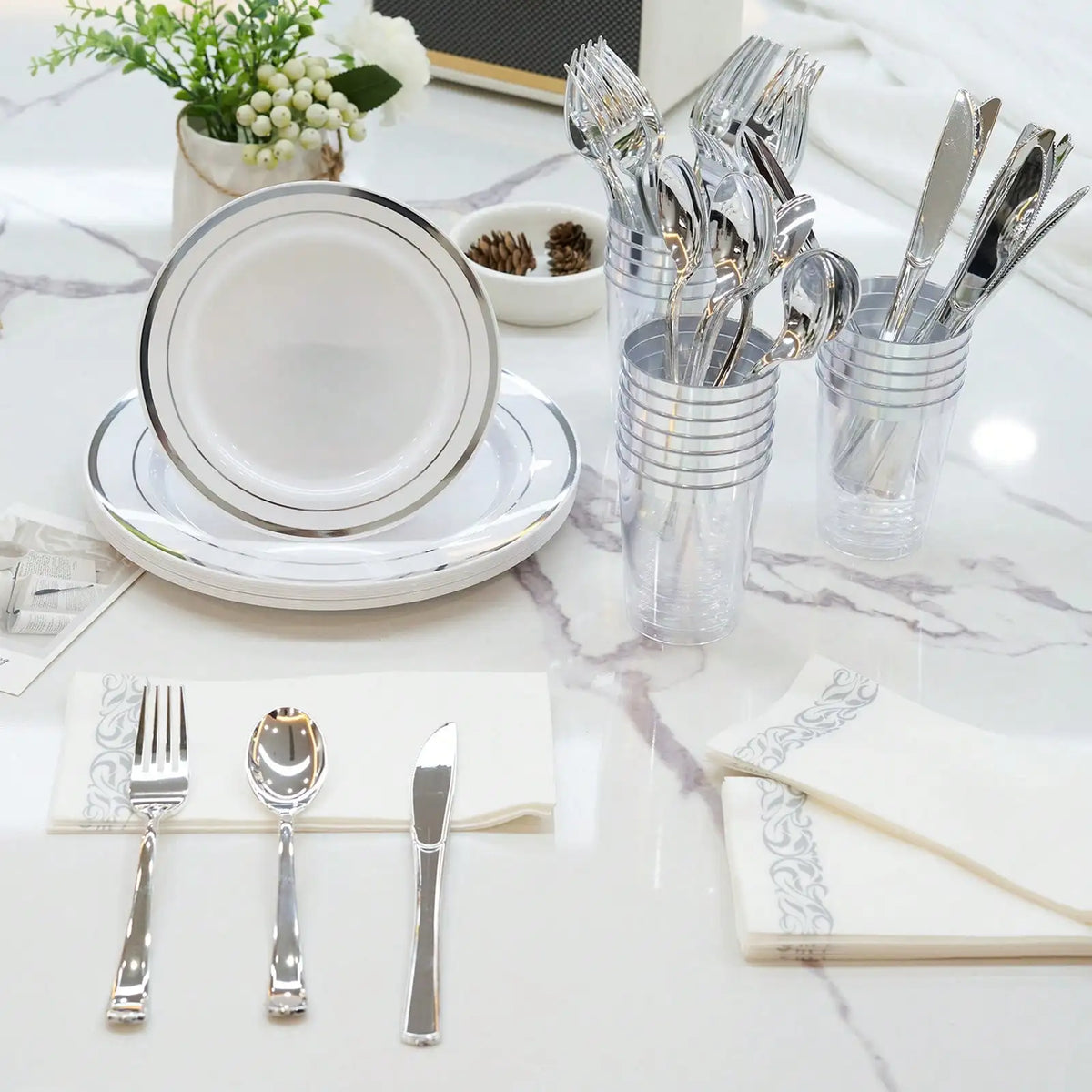 350-Piece Elegant Disposable Dinnerware, Cutlery, Cup & Napkin Set for 50 Guests – Gold or Silver Rim