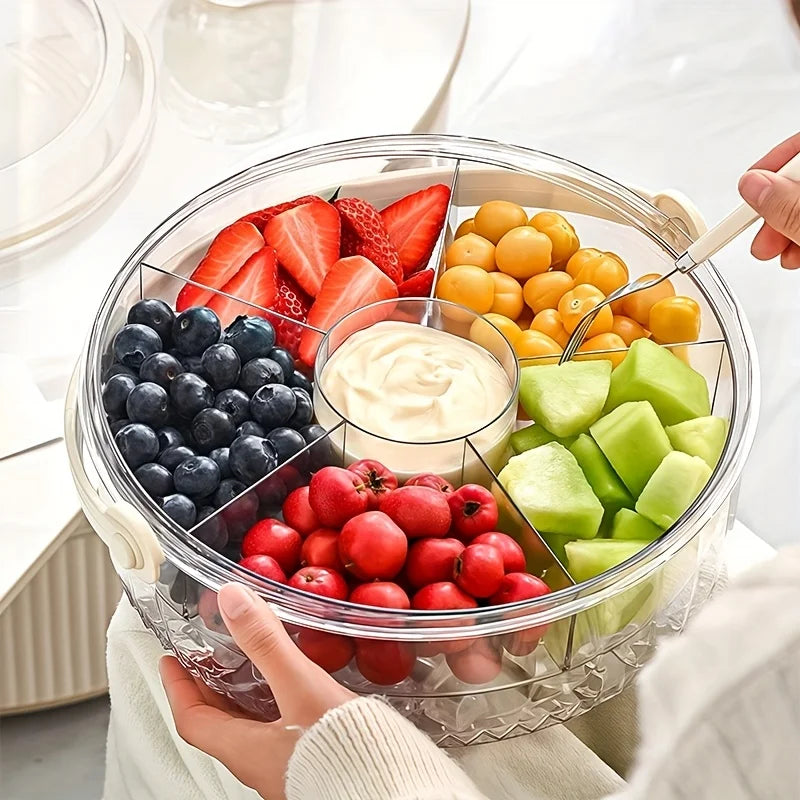 Chilled Fruit & Veggie Serving Tray with Ice Compartment, Center Dip Bowl & Flip-Top Lid