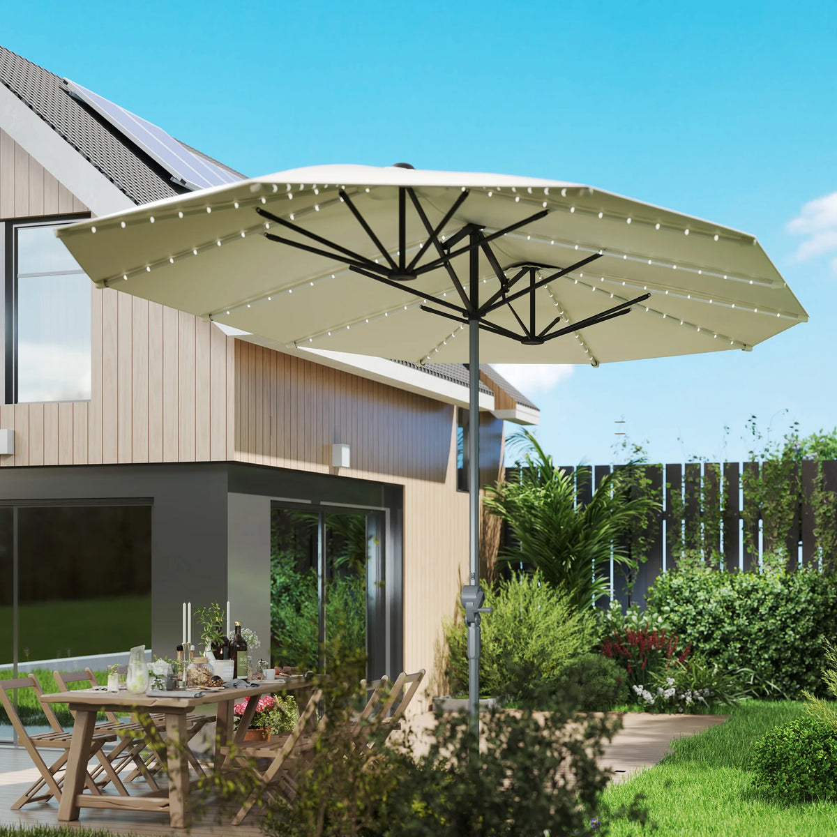 15FT Double-Sided Solar LED Patio Umbrella with UPF 50+ Sun Protection