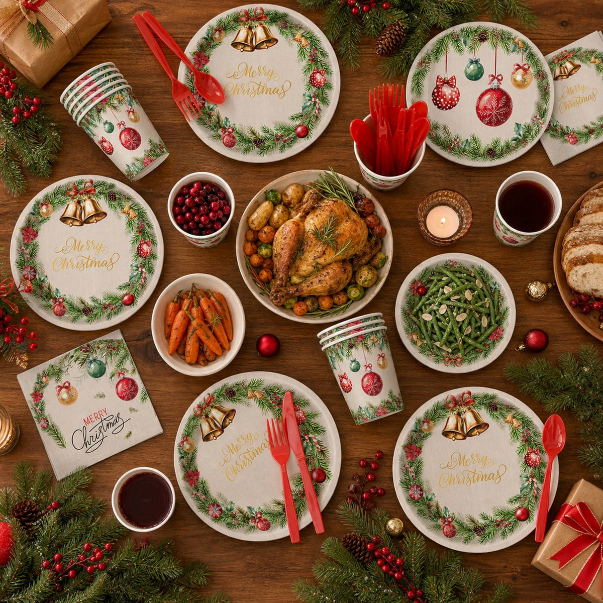 350-Piece Christmas Disposable Dinnerware Set – Serves 50
