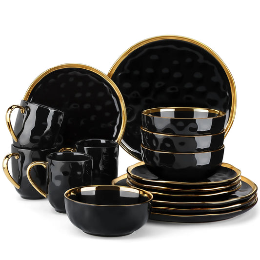 MALACASA Luxe Black & Gold Porcelain Dinnerware Set – 16 or 32 Piece