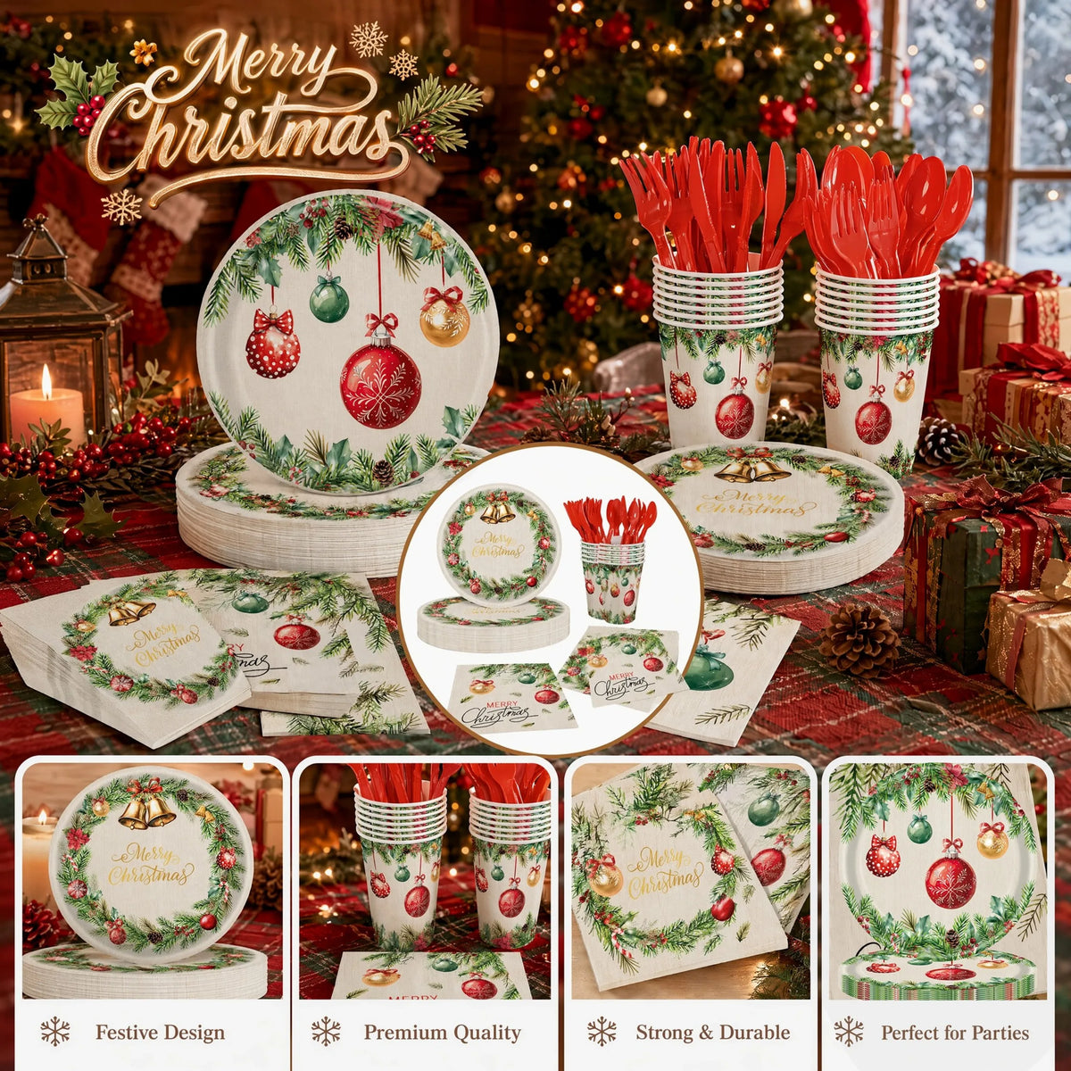 350-Piece Christmas Disposable Dinnerware Set – Serves 50