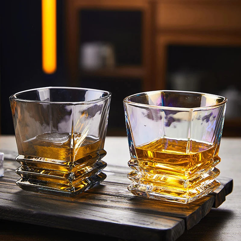 280ml Square Pagoda Whiskey Glass – Vintage Geometric Cocktail Glass