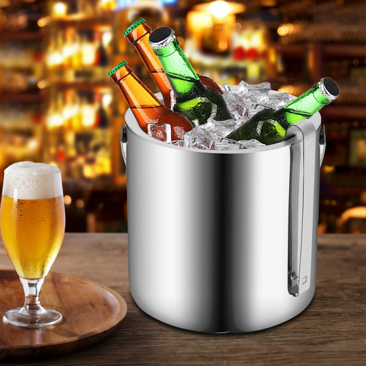1.3L Double-Wall Stainless Steel Ice Bucket Set with Tongs, Strainer & Lid