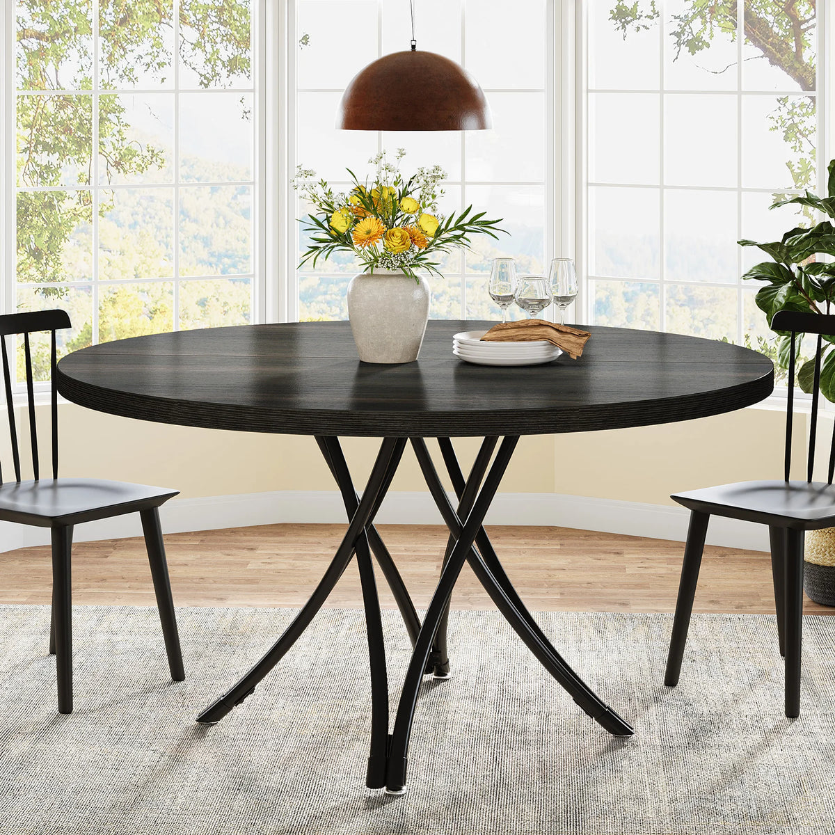 Tribesigns 47" Round Dining Table for 4–6 – Farmhouse Wood Table with Sculptural Metal Base