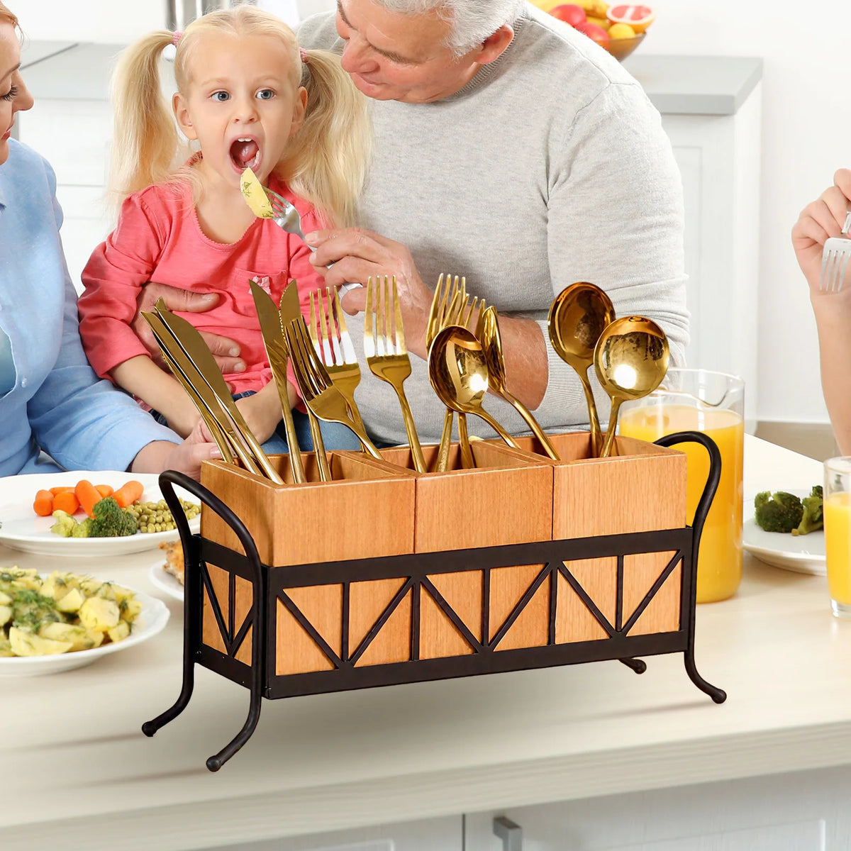3-Compartment Bamboo Utensil Holder with Black Metal Rack