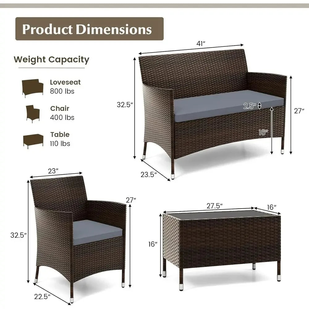 8-Piece Outdoor Wicker Patio Conversation Set – PE Rattan Seating with Thick Cushions & Tempered Glass Coffee Table, Gray