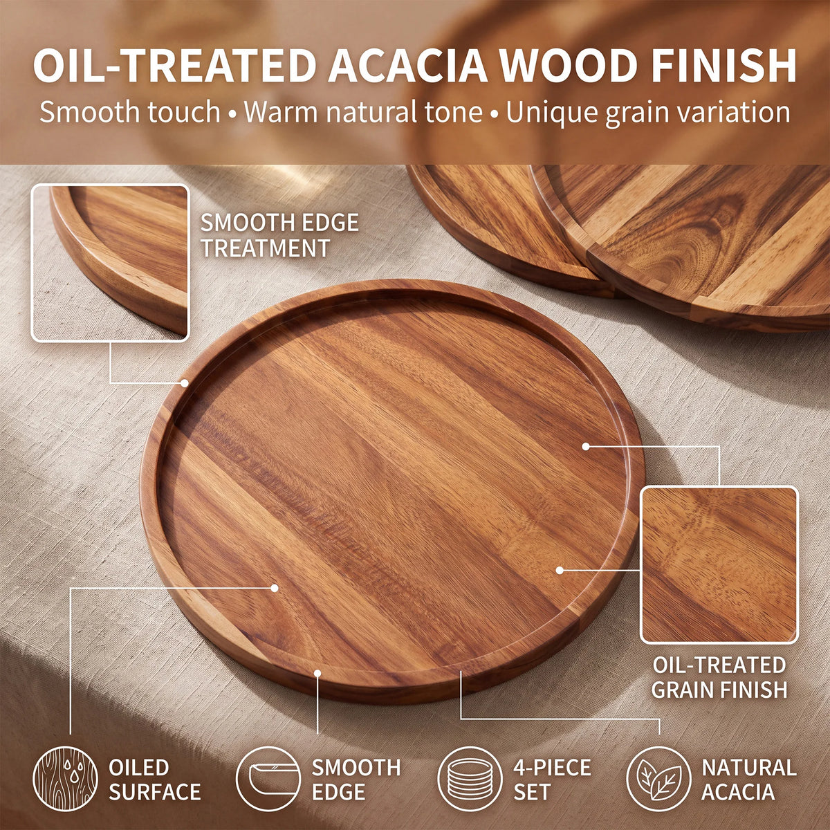 4-Piece Acacia Wood Round Serving Tray Set – 11.8" Platters