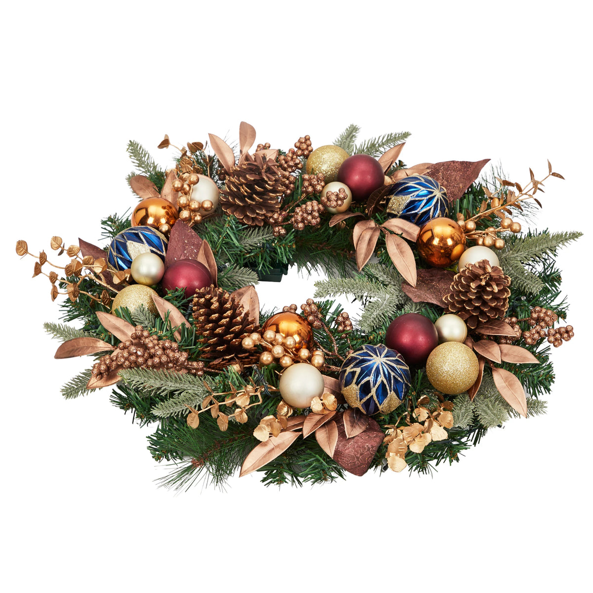 24 Inch Pre‑lit Christmas Wreath, Artificial Xmas Wreath with 20 Waterproof LED Lights, Pine Cones Berries Xmas Balls Golden Leaves, 8 Lighting Modes for Front Door Wall Window Holiday Decor
