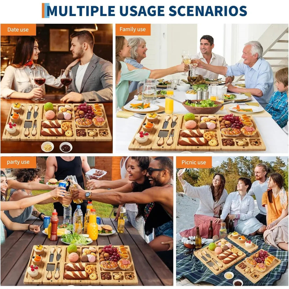 3-Piece Magnetic Bamboo Charcuterie Board Set – 25.2" Modular Cheese Board with 4 Knives & 2 Bowls