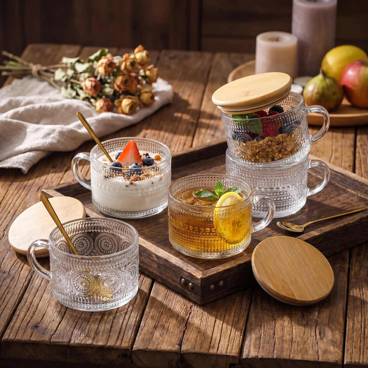 4-Piece 14 oz Vintage Embossed Glass Mug Set with Bamboo Lids & Gold Spoons