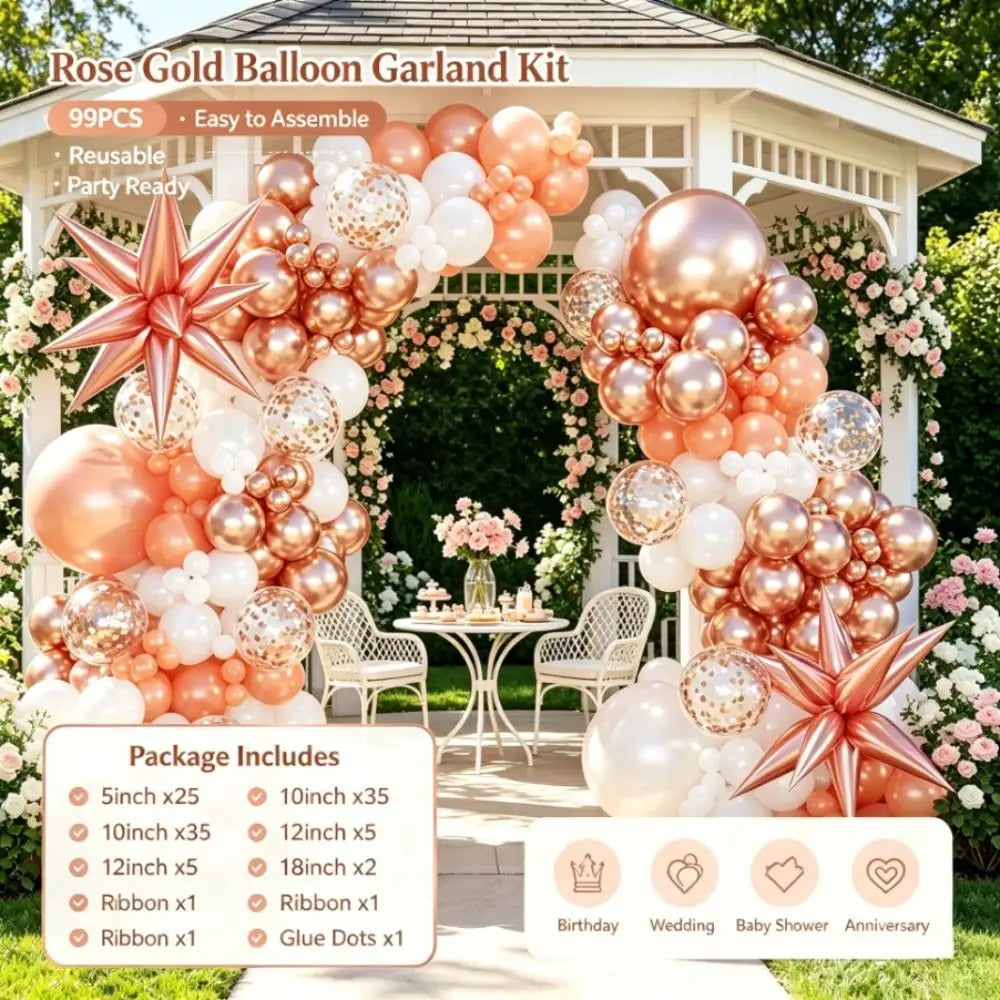 99-Piece Rose Gold, Orange & White Balloon Garland Arch Kit with Star Balloon & Pump