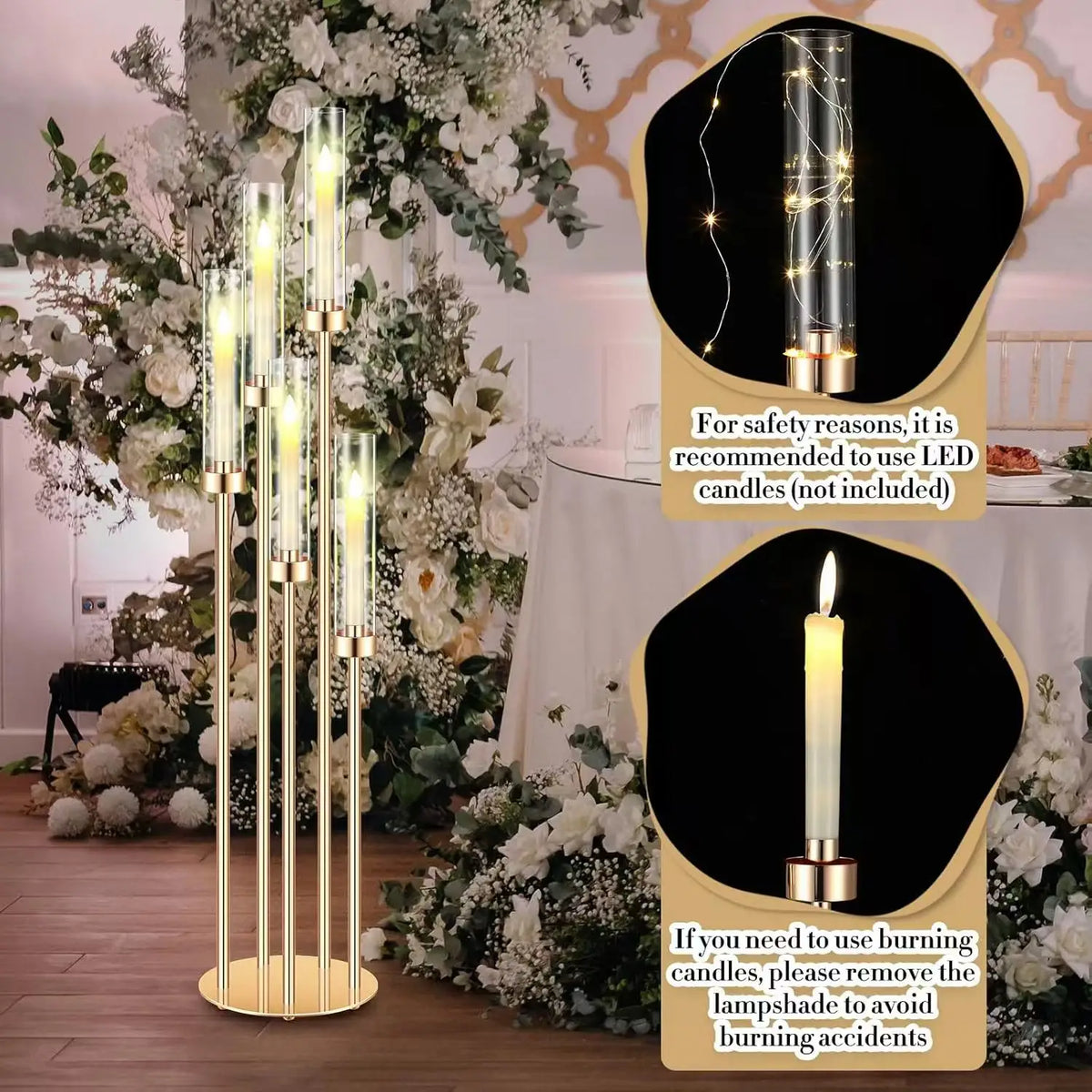 46" Gold 6-Arm Floor Candelabras with 24 LED Candles – 4 Piece Set