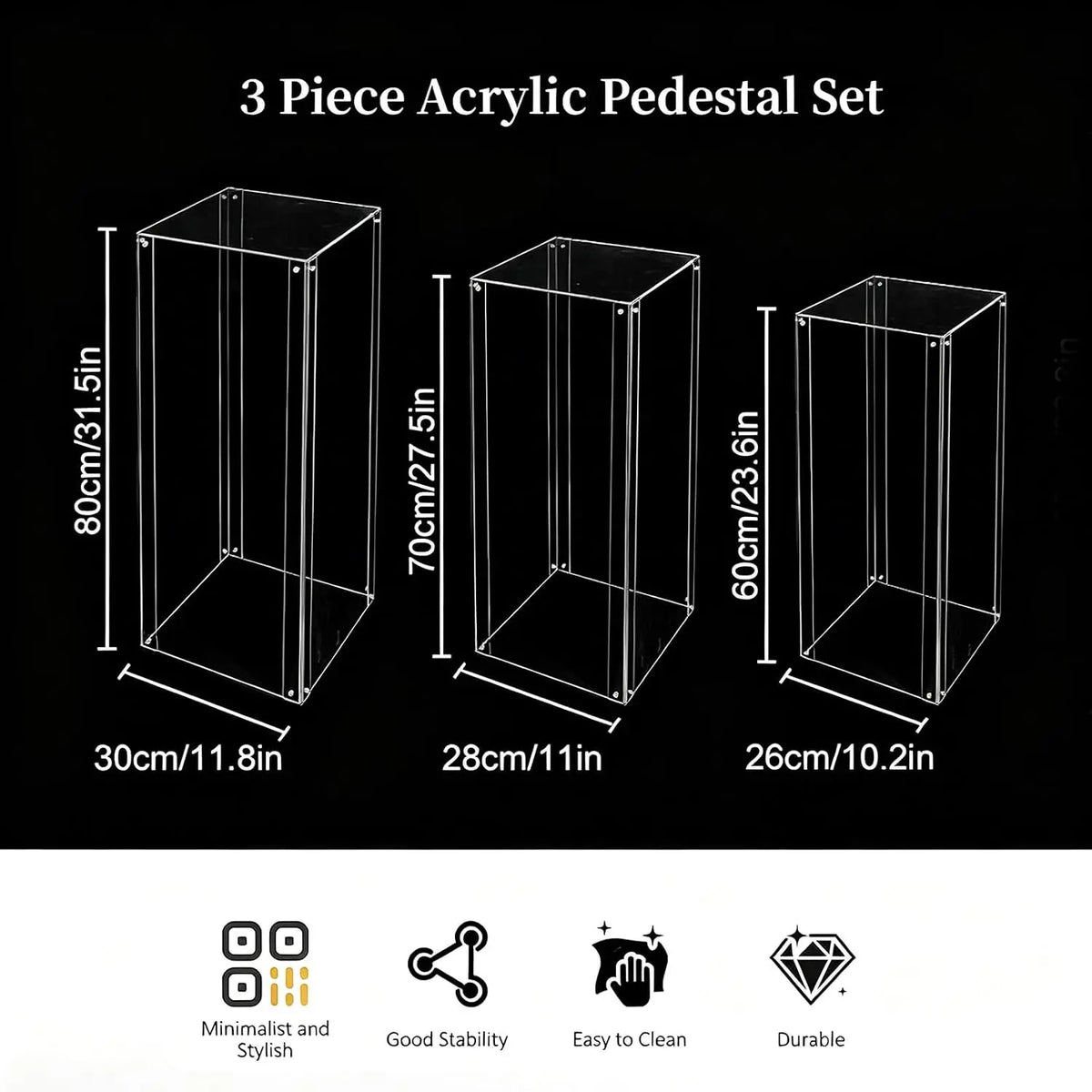 3-Piece Clear Acrylic Pedestal Stand Set – 23.6", 27.6" & 31.5" Fillable Display Plinths for Events