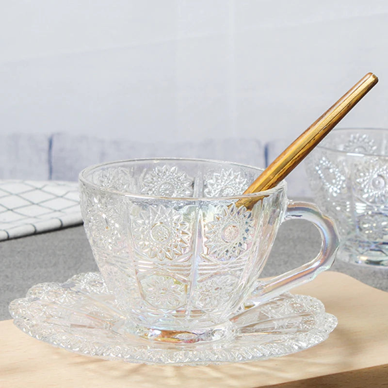 Retro Embossed Glass Coffee Cup & Saucer Set - 200ml