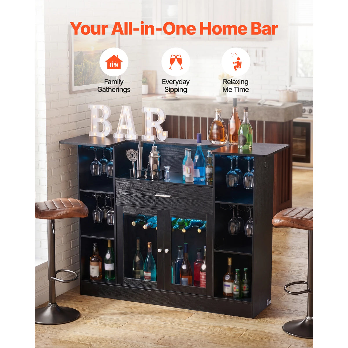 59" 4-Tier Home Bar with LED Lighting – Wine Glass Rack, Bottle Storage, Drawer & Shelves