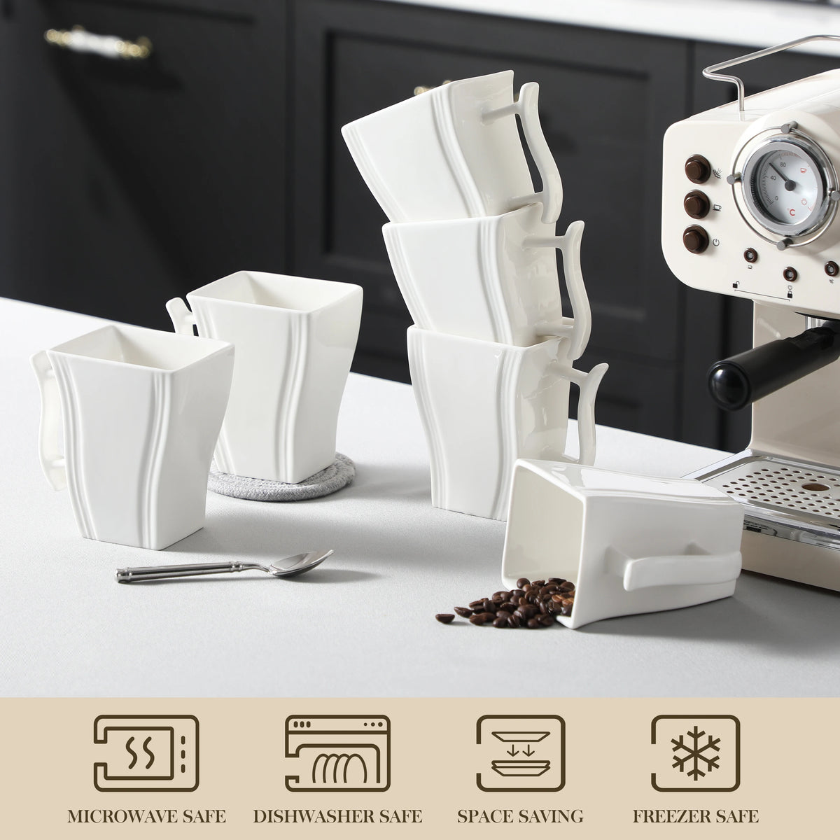 MALACASA FLORA White or Grey Marble Porcelain Coffee Mugs 16.9 oz (500mL) – 6 Piece Set