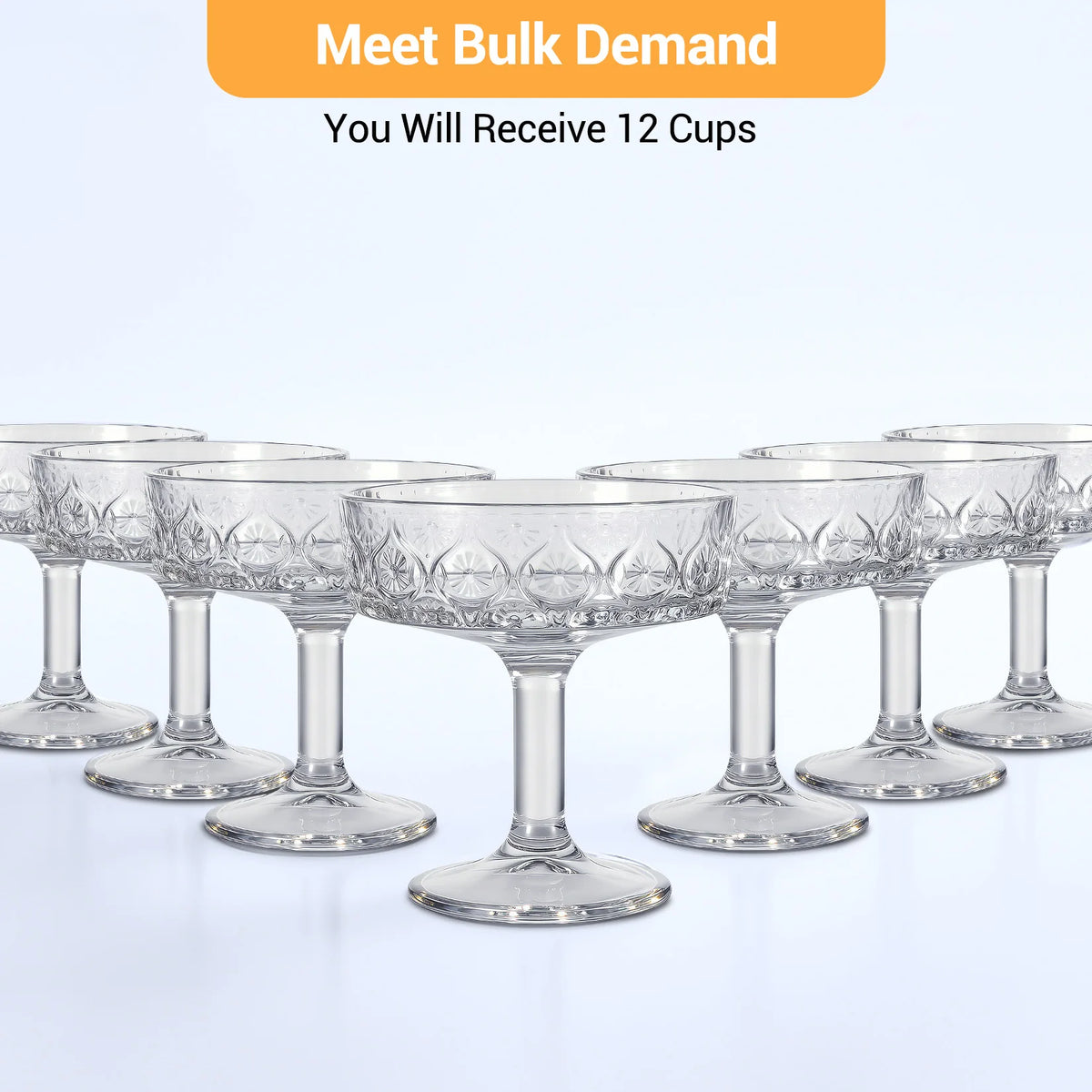 12-Piece Embossed Crystal Coupe Glass Set – 5.4 oz Vintage Cocktail & Dessert Glasses