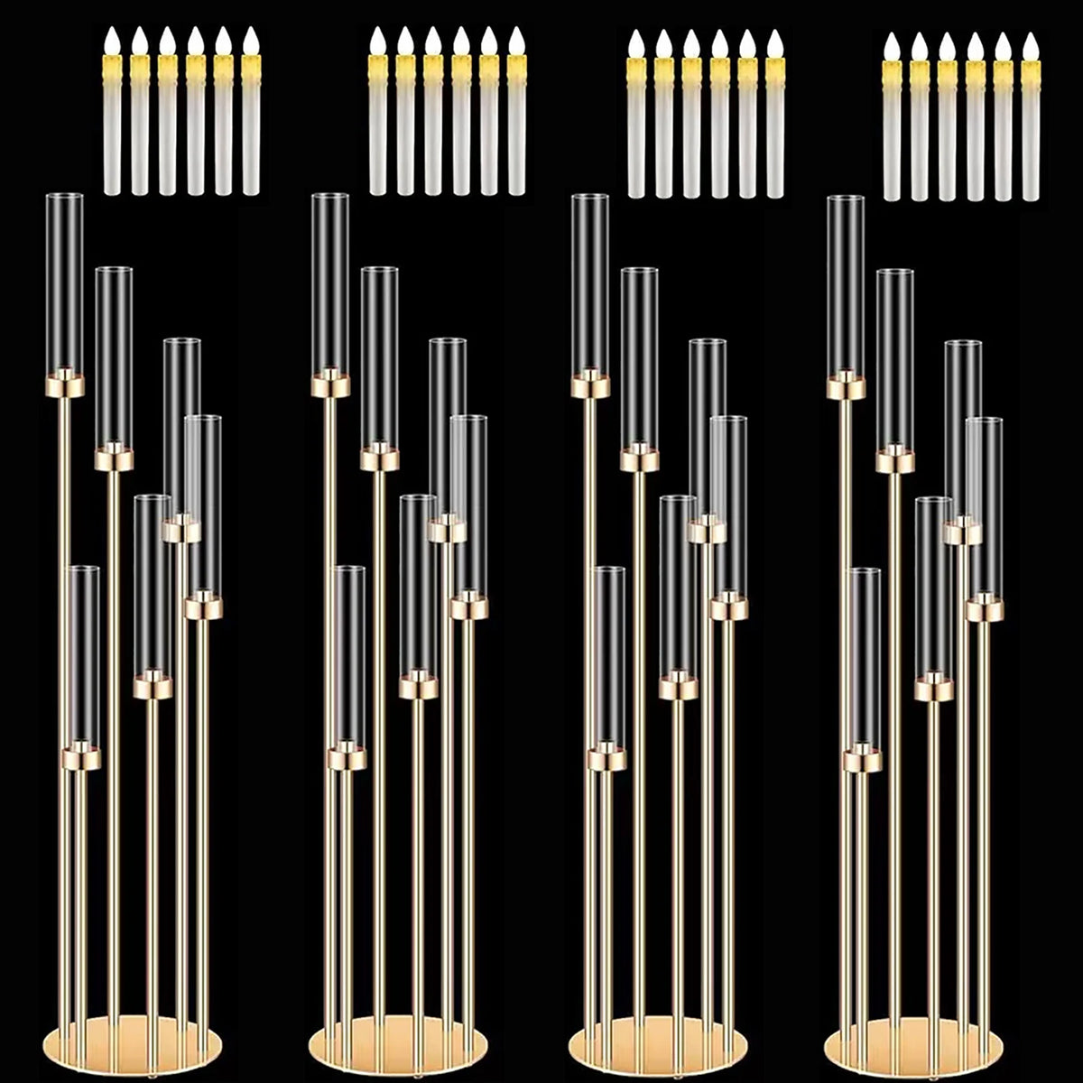 46" Gold 6-Arm Floor Candelabras with 24 LED Candles – 4 Piece Set