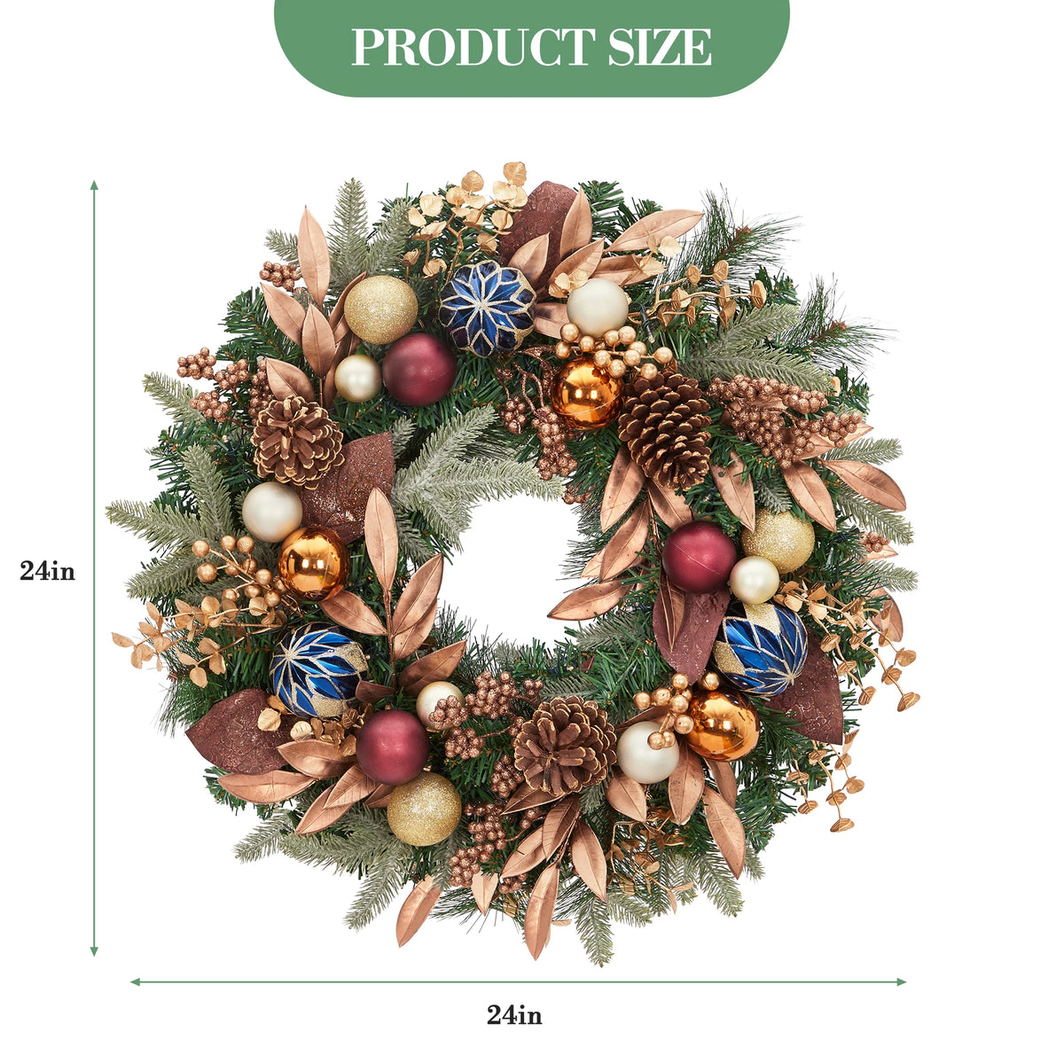 24 Inch Pre‑lit Christmas Wreath, Artificial Xmas Wreath with 20 Waterproof LED Lights, Pine Cones Berries Xmas Balls Golden Leaves, 8 Lighting Modes for Front Door Wall Window Holiday Decor