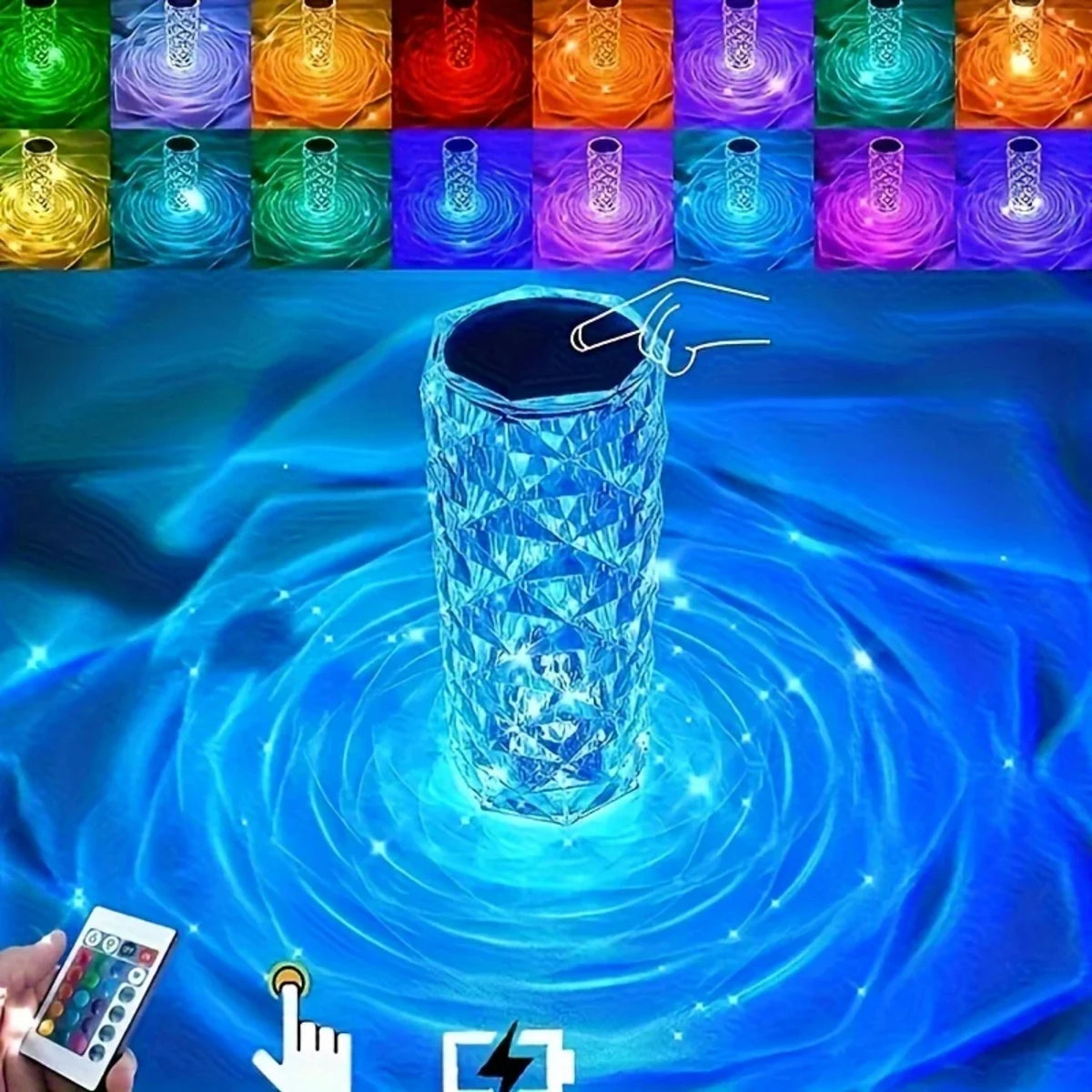 16-Color RGB Crystal Table Lamp – Rechargeable LED Ambient Party Light