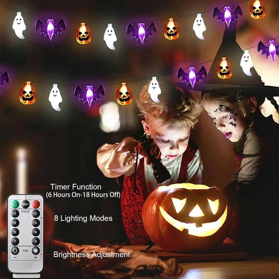 20-Ft Halloween Pumpkin, Bat & Ghost String Lights – 30 LED Battery-Operated Lights with Remote