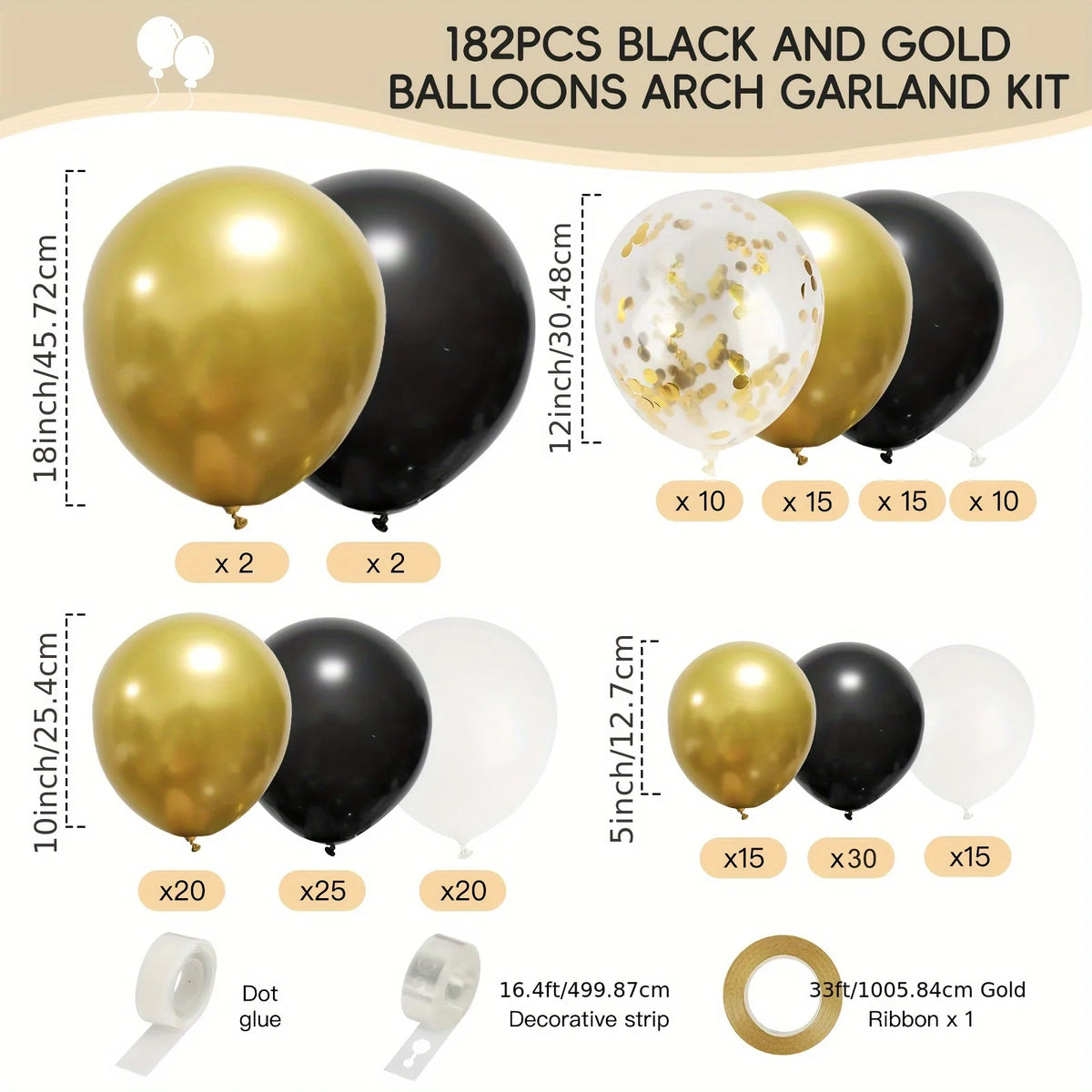 Luxury Black & Gold Balloon Garland Arch Kit – 183-Piece Party Celebration Décor