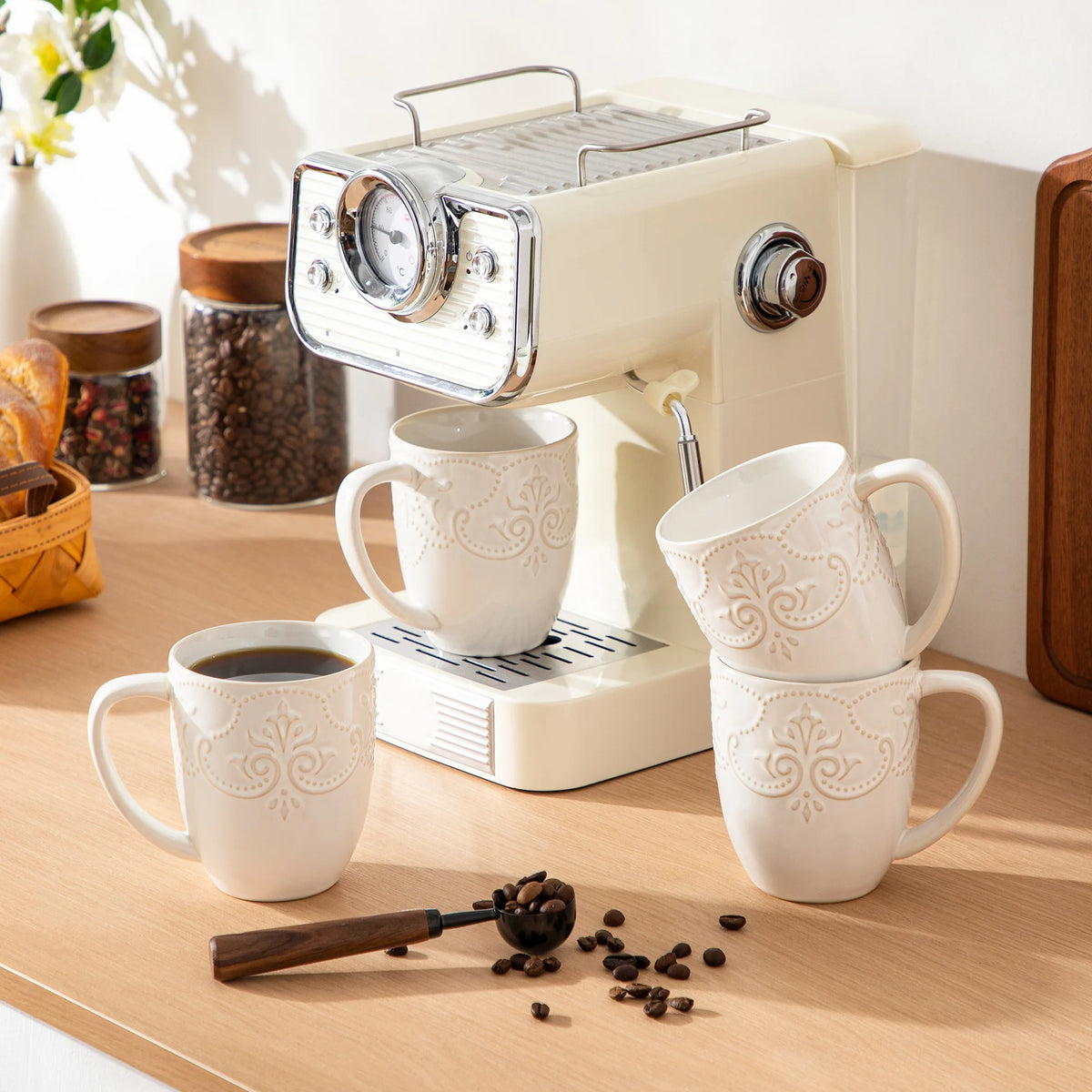 MALACASA GISELLE Embossed Porcelain Mugs 14 oz (414mL) Vintage White or Starry Blue – 4 or 8 Piece Set