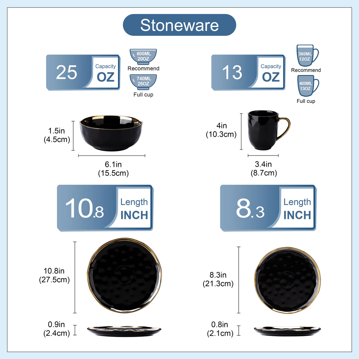 MALACASA Luxe Black & Gold Porcelain Dinnerware Set – 16 or 32 Piece