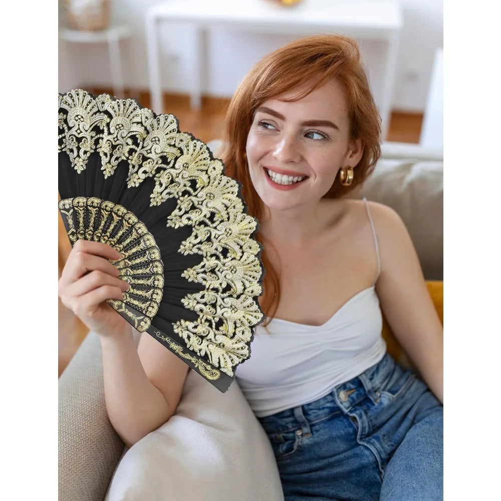 Black & Gold Decorative Folding Fan – 16.5"