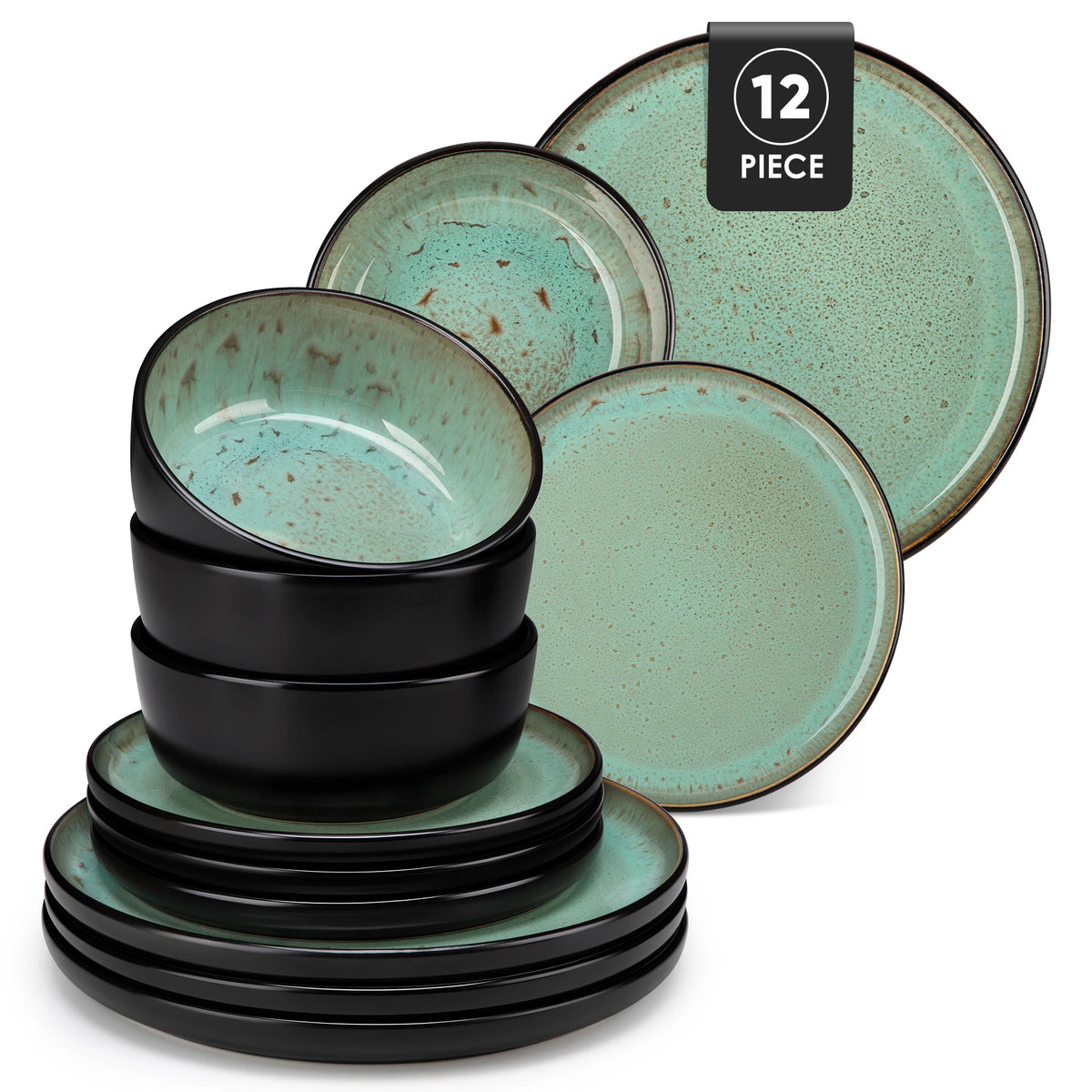 Vancasso AMBER Ceramic Dinnerware Set – Stone Black with Color Interior, 12 or 16 Piece