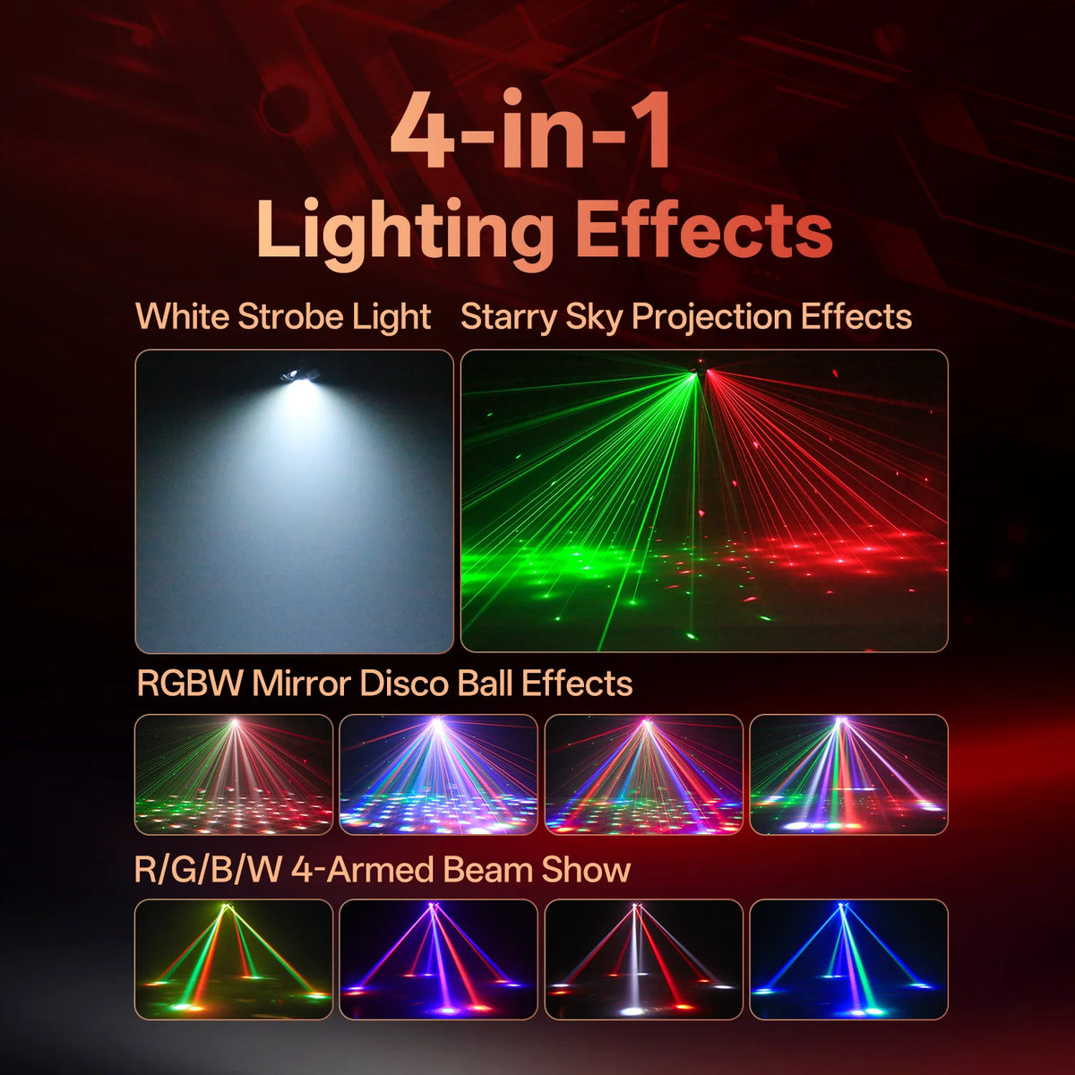 4-in-1 RGBW Moving Head DJ Party Light – Beam, Laser, Magic Ball & Strobe