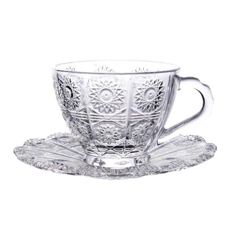 Retro Embossed Glass Coffee Cup & Saucer Set - 200ml