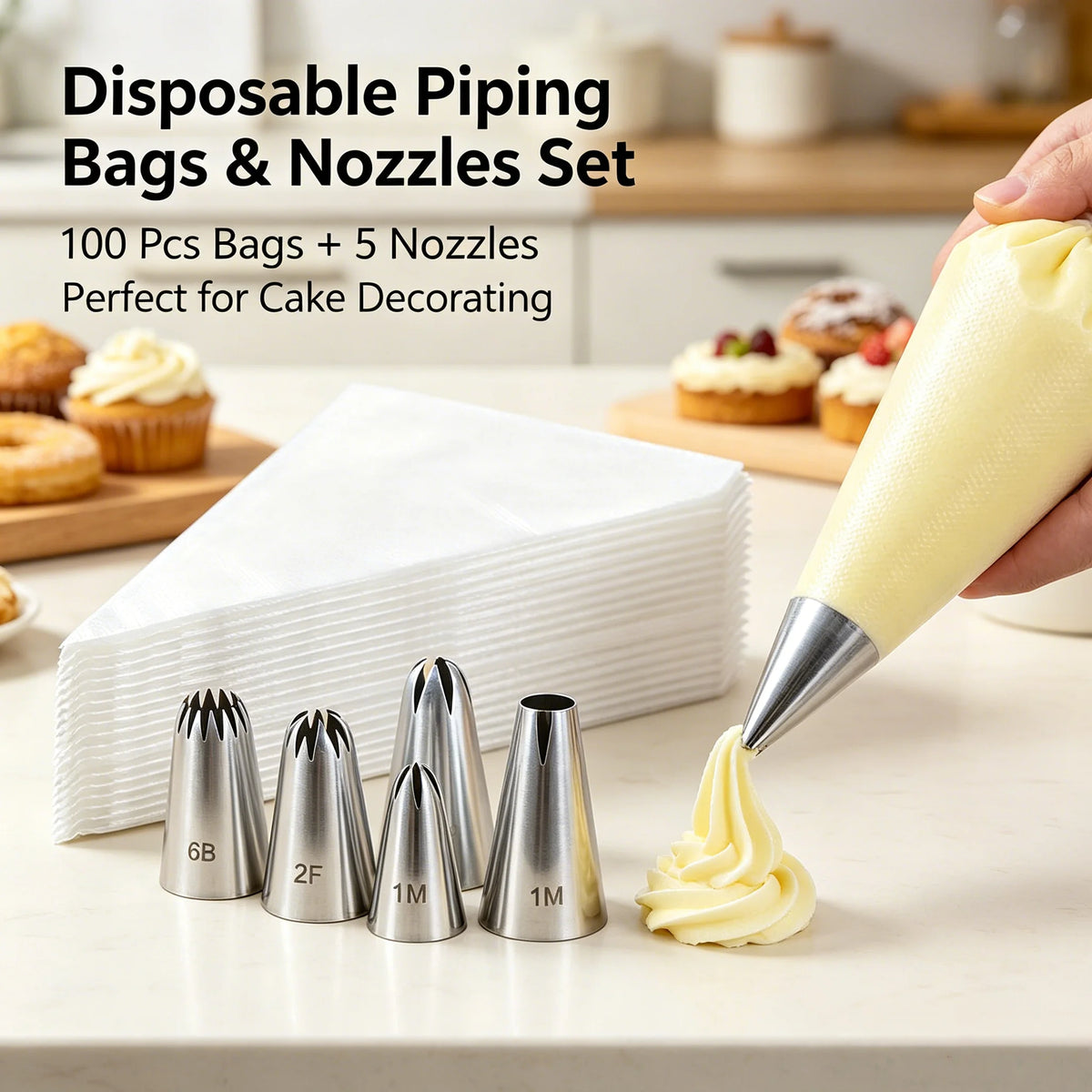 100 Disposable Piping Bags & 6 Stainless Steel Decorating Tips