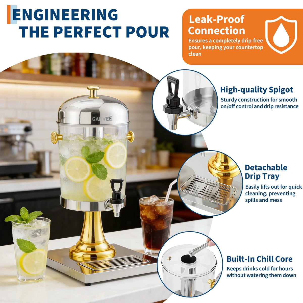 Commercial Stainless Steel Beverage Dispenser with Ice Core & Stand – 2.2 or 4.4 Gallon