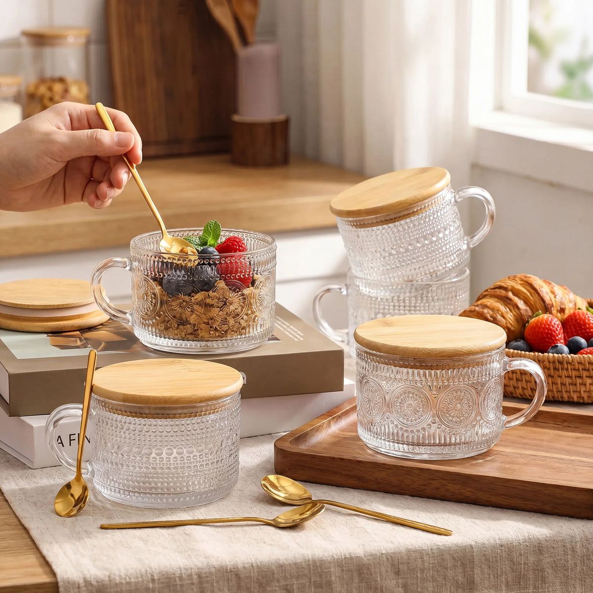 4-Piece 14 oz Vintage Embossed Glass Mug Set with Bamboo Lids & Gold Spoons