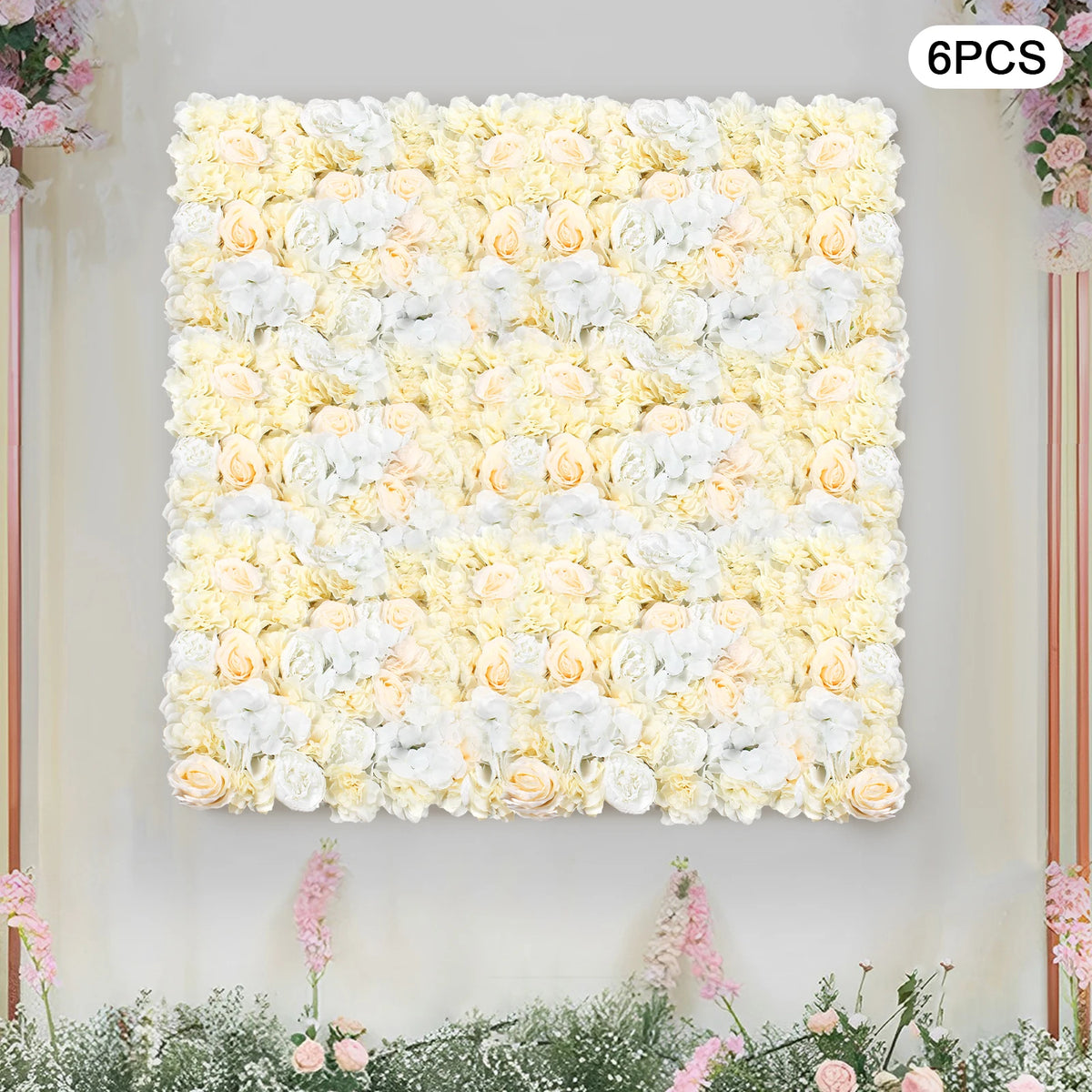 6-Piece Artificial Flower Wall Panel Set – Pale Yellow & White Hydrangea Rose Floral Backdrop