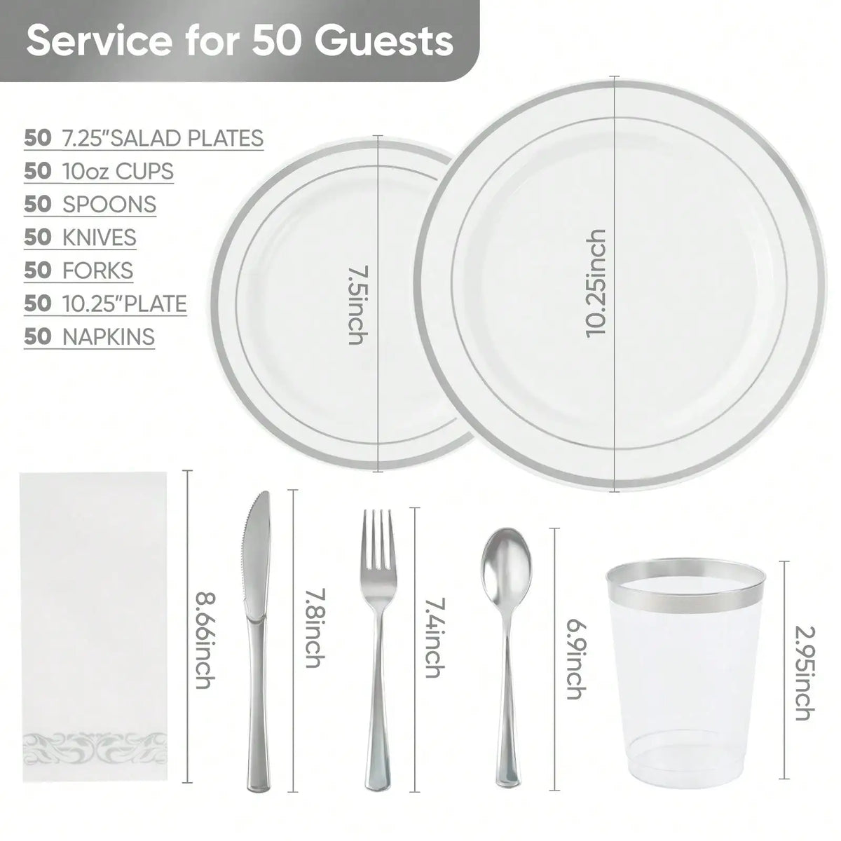 350-Piece Elegant Disposable Dinnerware, Cutlery, Cup & Napkin Set for 50 Guests – Gold or Silver Rim