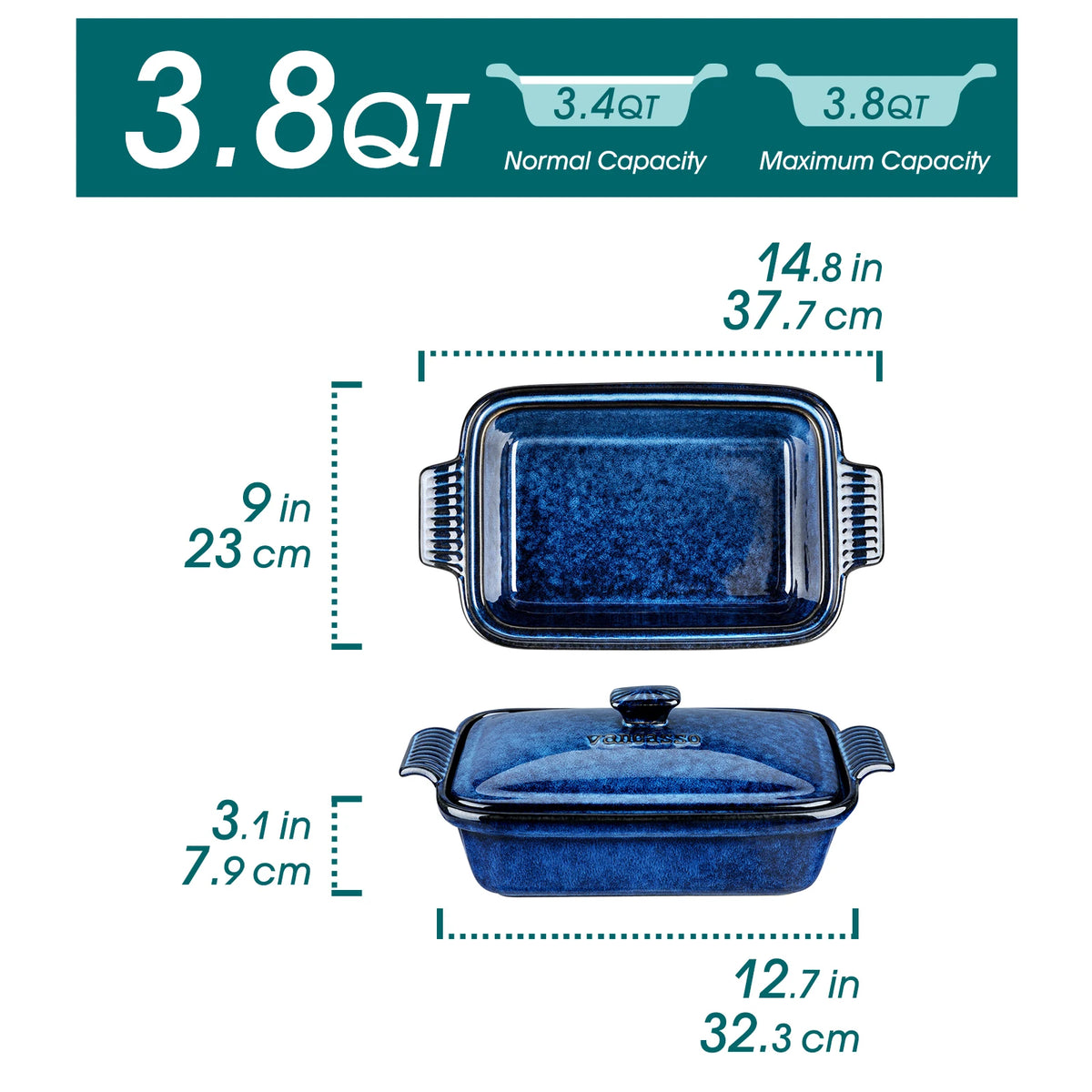 Vancasso Starry Blue Covered Casserole Baking Dish – 1.9 or 3.8 Qt