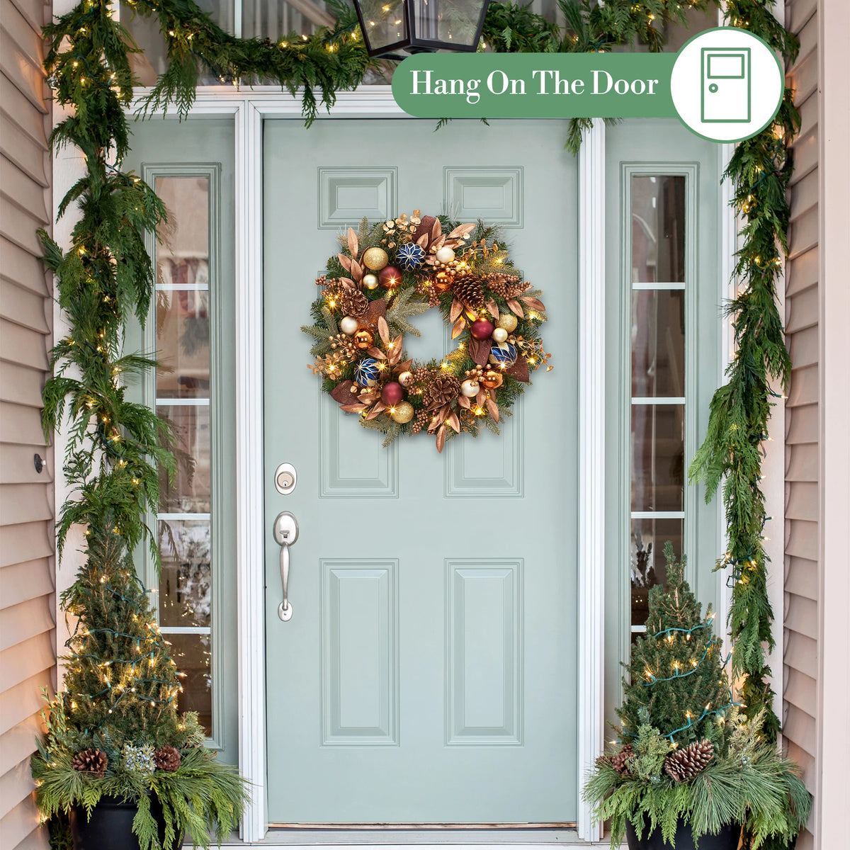 24 Inch Pre‑lit Christmas Wreath, Artificial Xmas Wreath with 20 Waterproof LED Lights, Pine Cones Berries Xmas Balls Golden Leaves, 8 Lighting Modes for Front Door Wall Window Holiday Decor