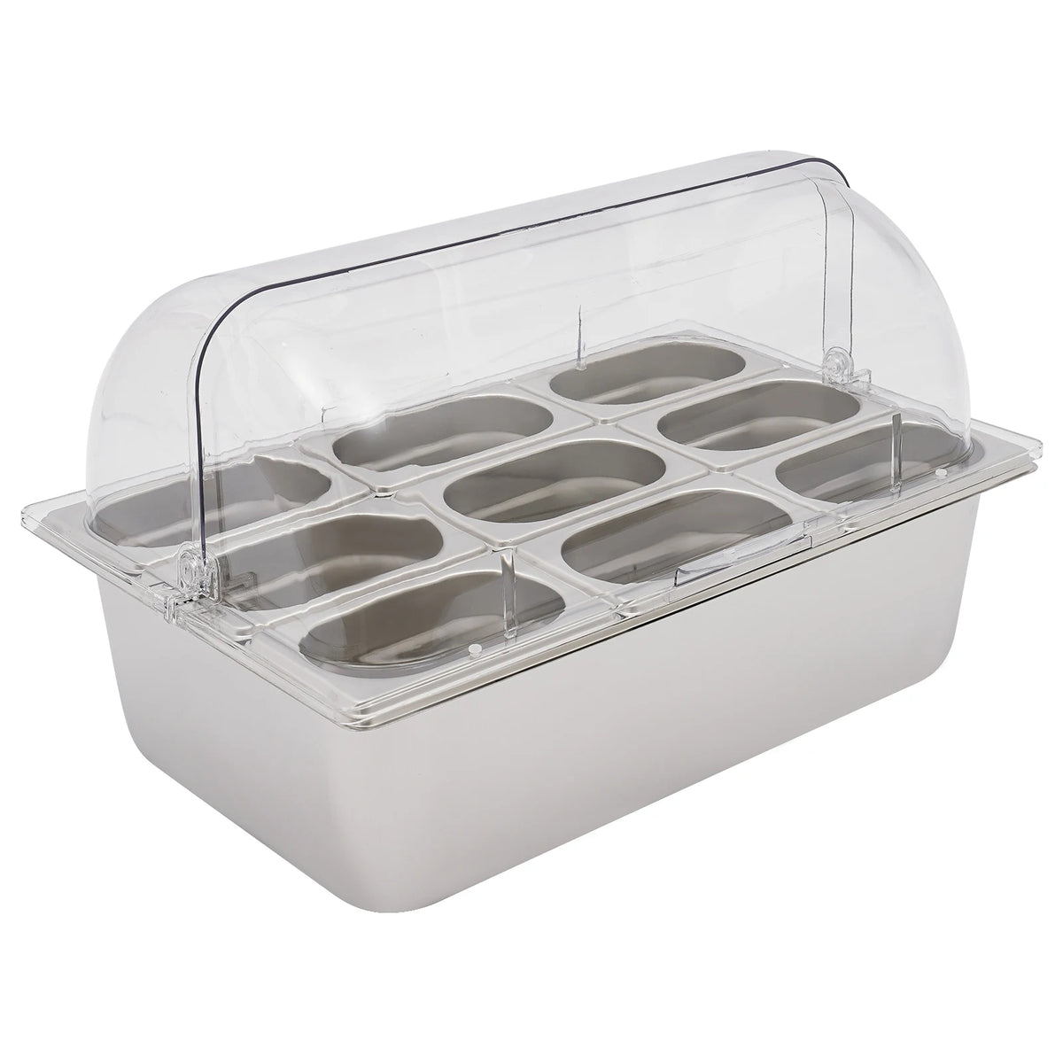 9-Compartment Stainless Steel Chilled Serving Station with Flip Top Lid
